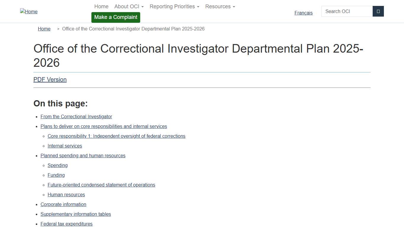 Office of the Correctional Investigator Departmental Plan 2025-2026 OCI BEC