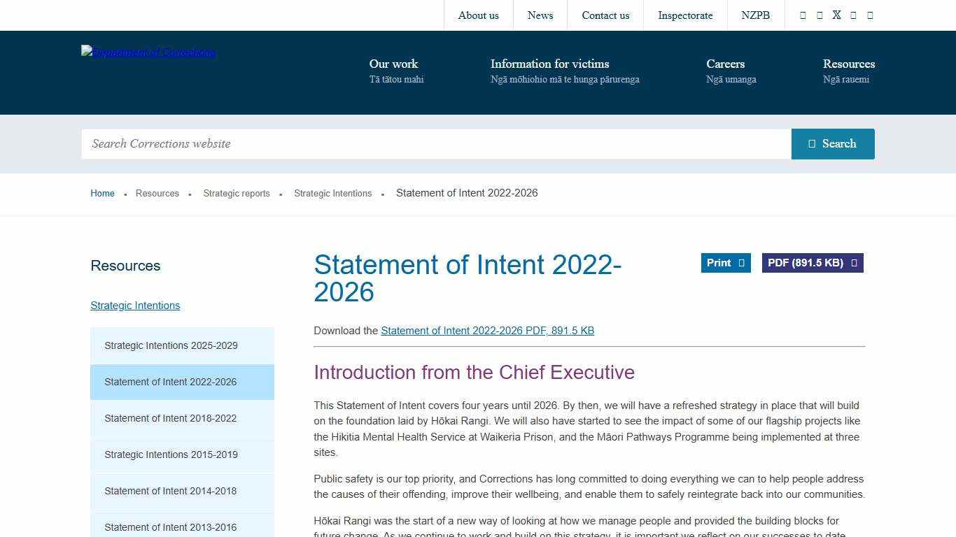 Statement of Intent 2022-2026 Department of Corrections