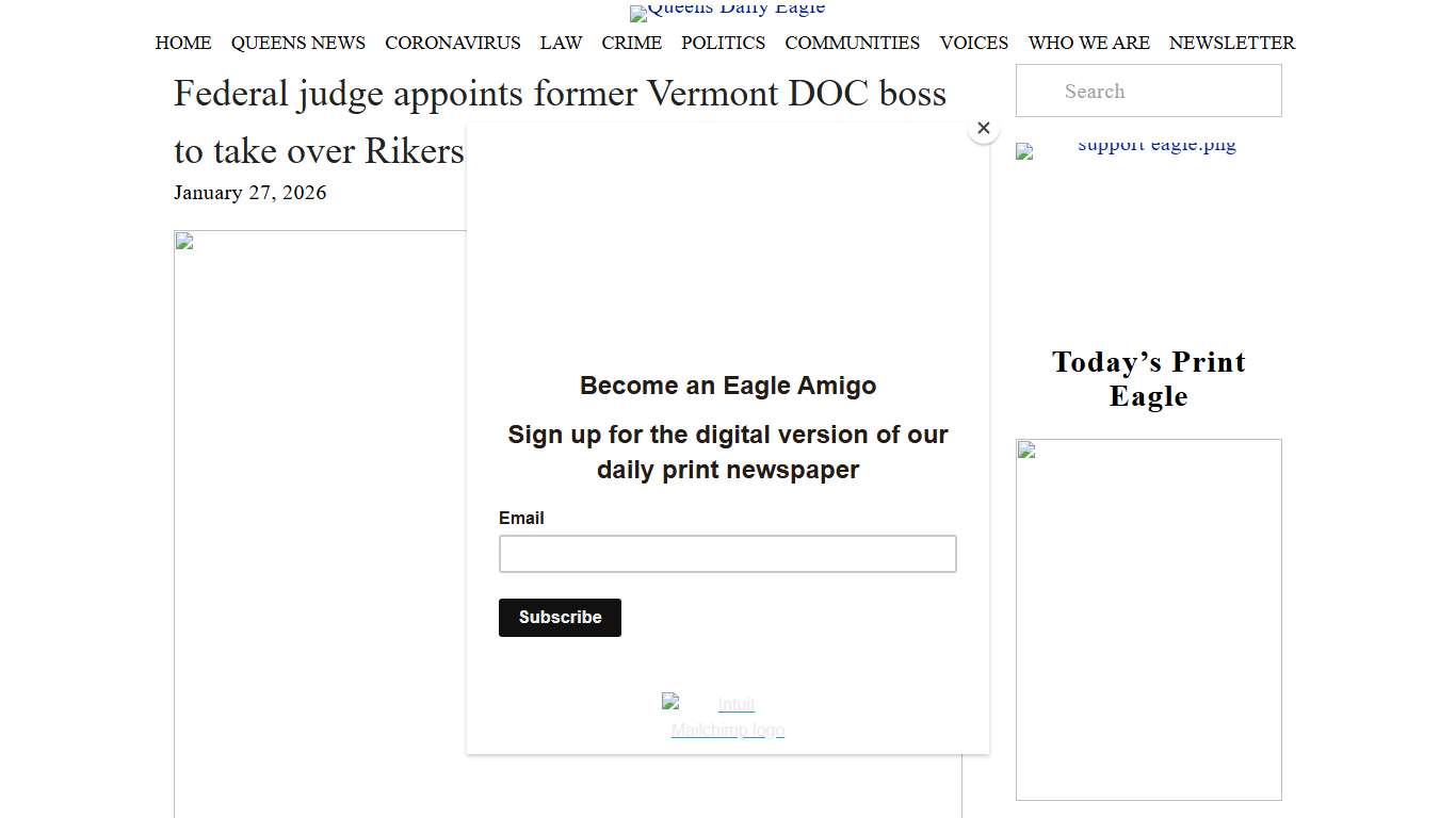 Federal judge appoints former Vermont DOC boss to take over Rikers Island — Queens Daily Eagle